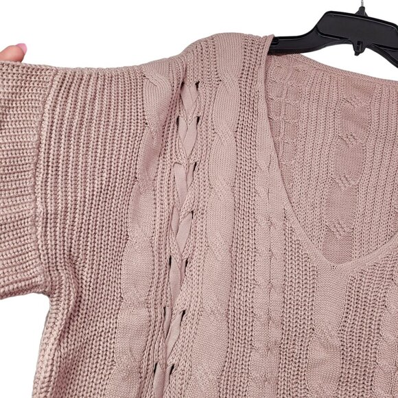 Cable-Knit Lace-Up Tunic Sweater V-Neck Long Sleeve Oversized Fit Pink X-Large - Picture 4 of 11
